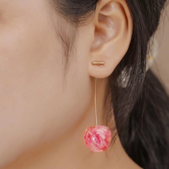 Cherry Earrings Dangle Drop Flower Resin Fruit Aesthetic Minimal Ear Bar Stud - Picture 2 of 6